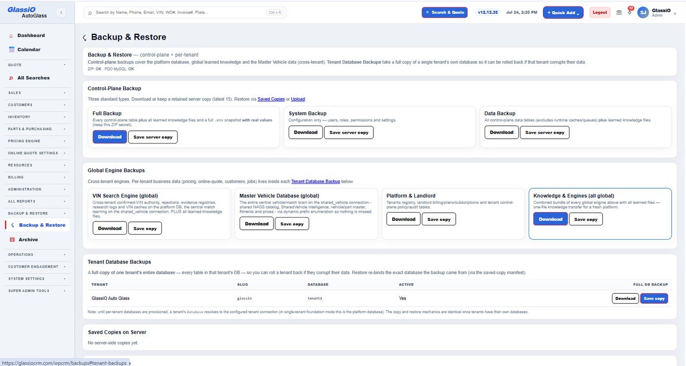 Backup & Restore — full, system, and data backups with server copies and restore