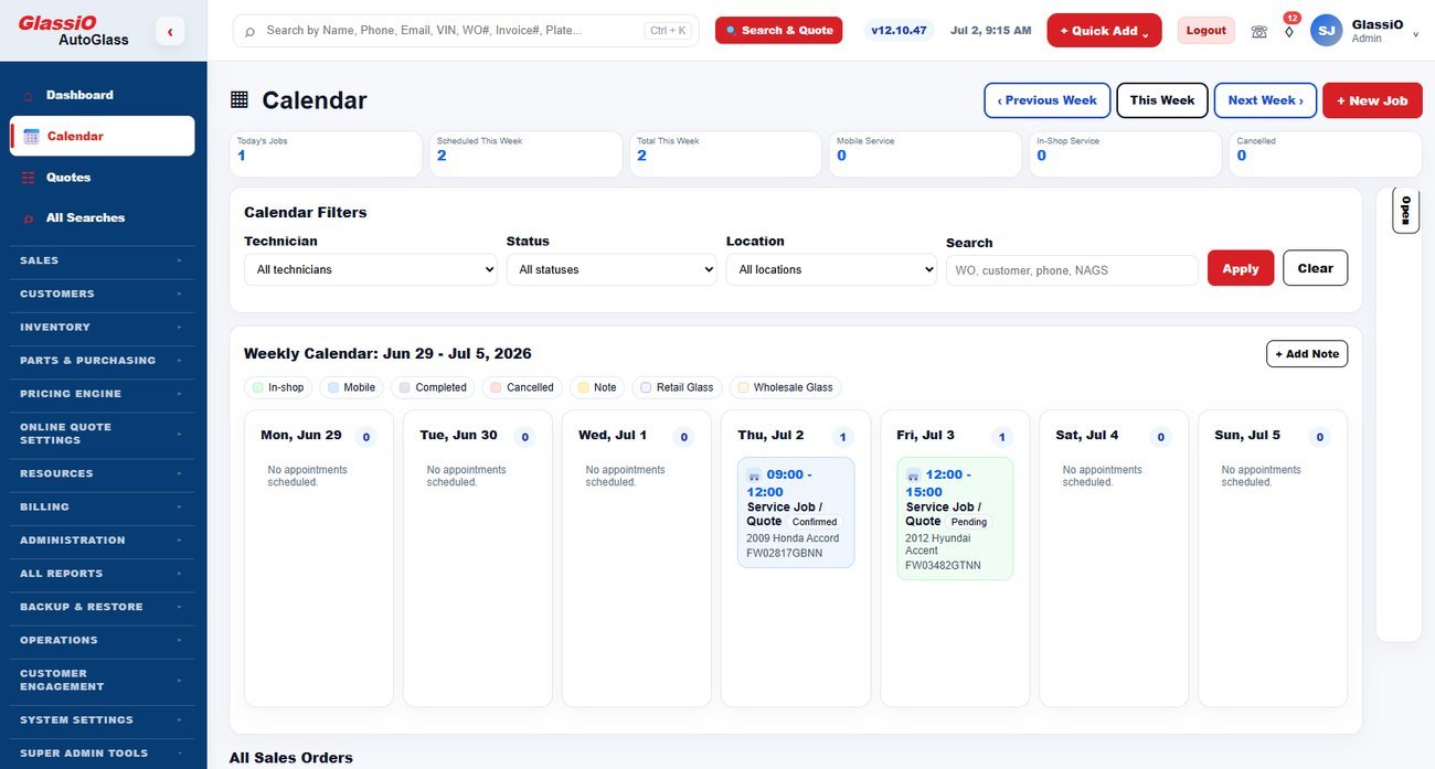Calendar and sales orders — jobs moved and reassigned visually