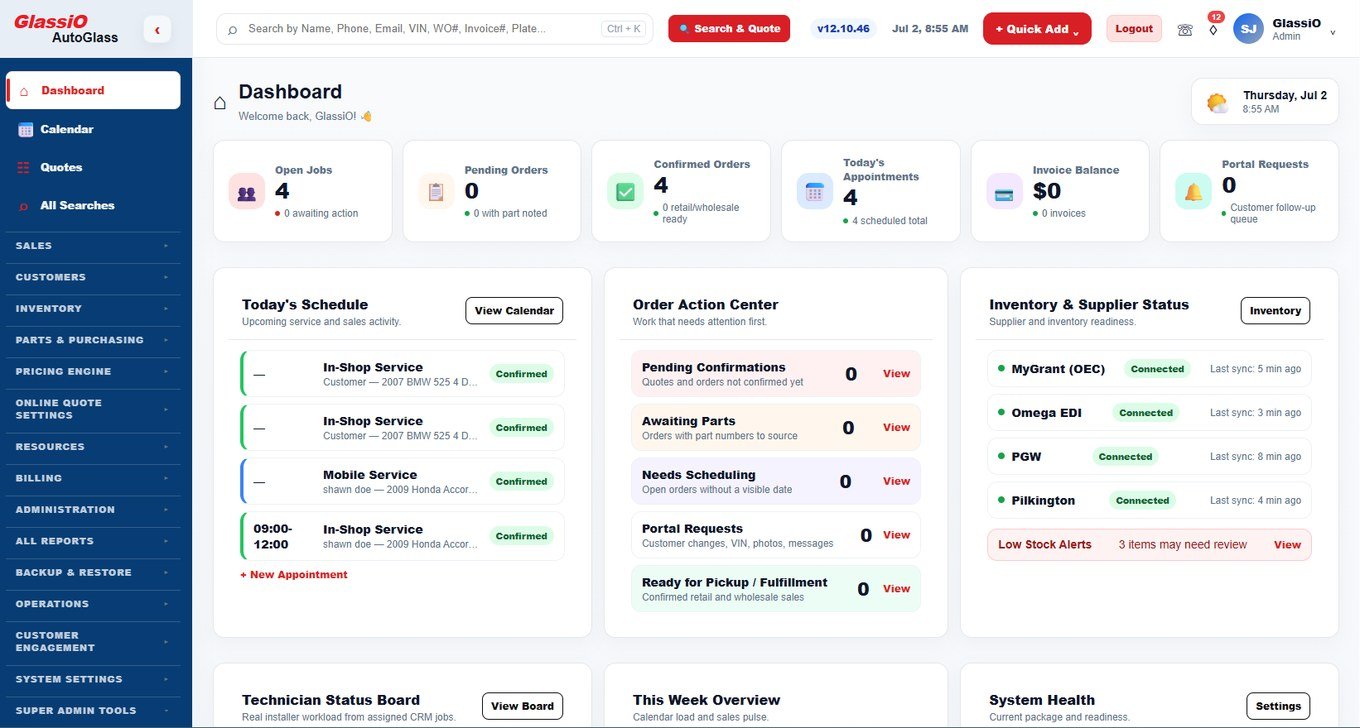 Glassio auto glass management dashboard