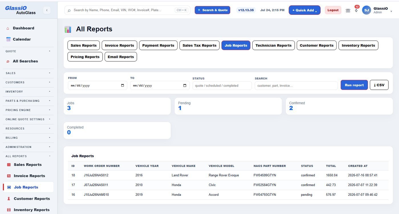 All Reports — sales, invoice, payment, tax, job, technician, customer, inventory, pricing, and email