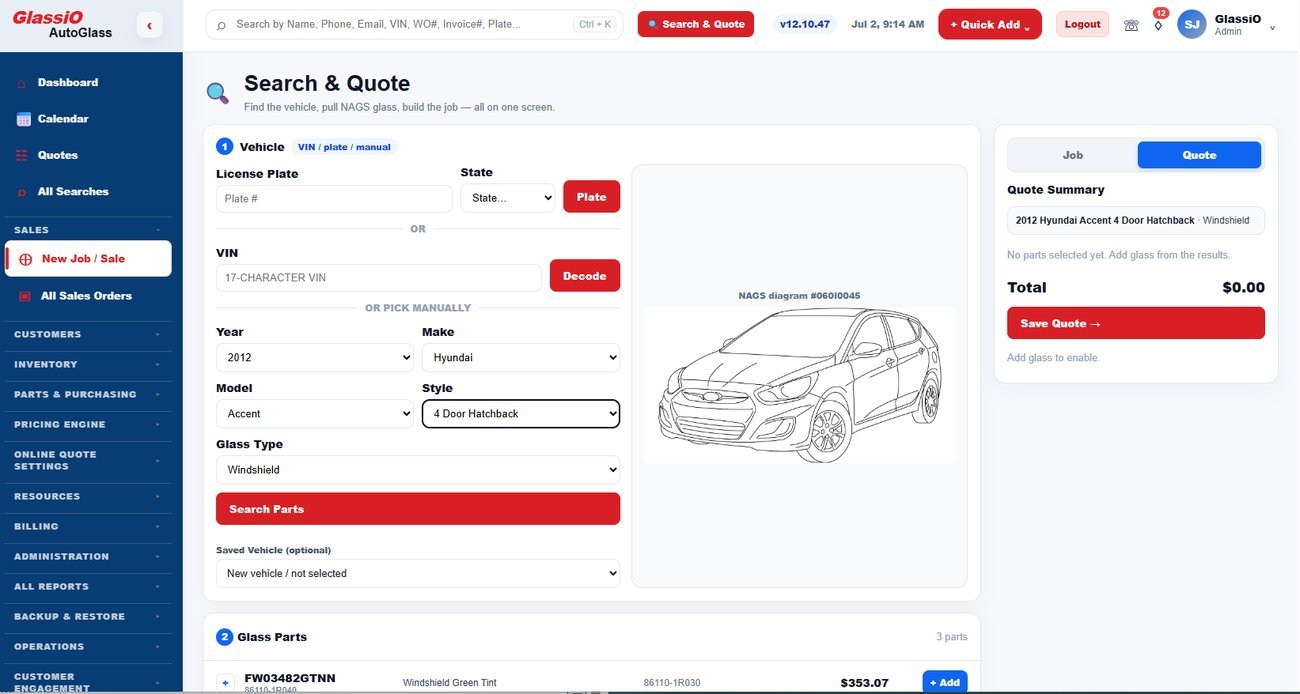 Search & Quote — vehicle resolved, parts matched, priced